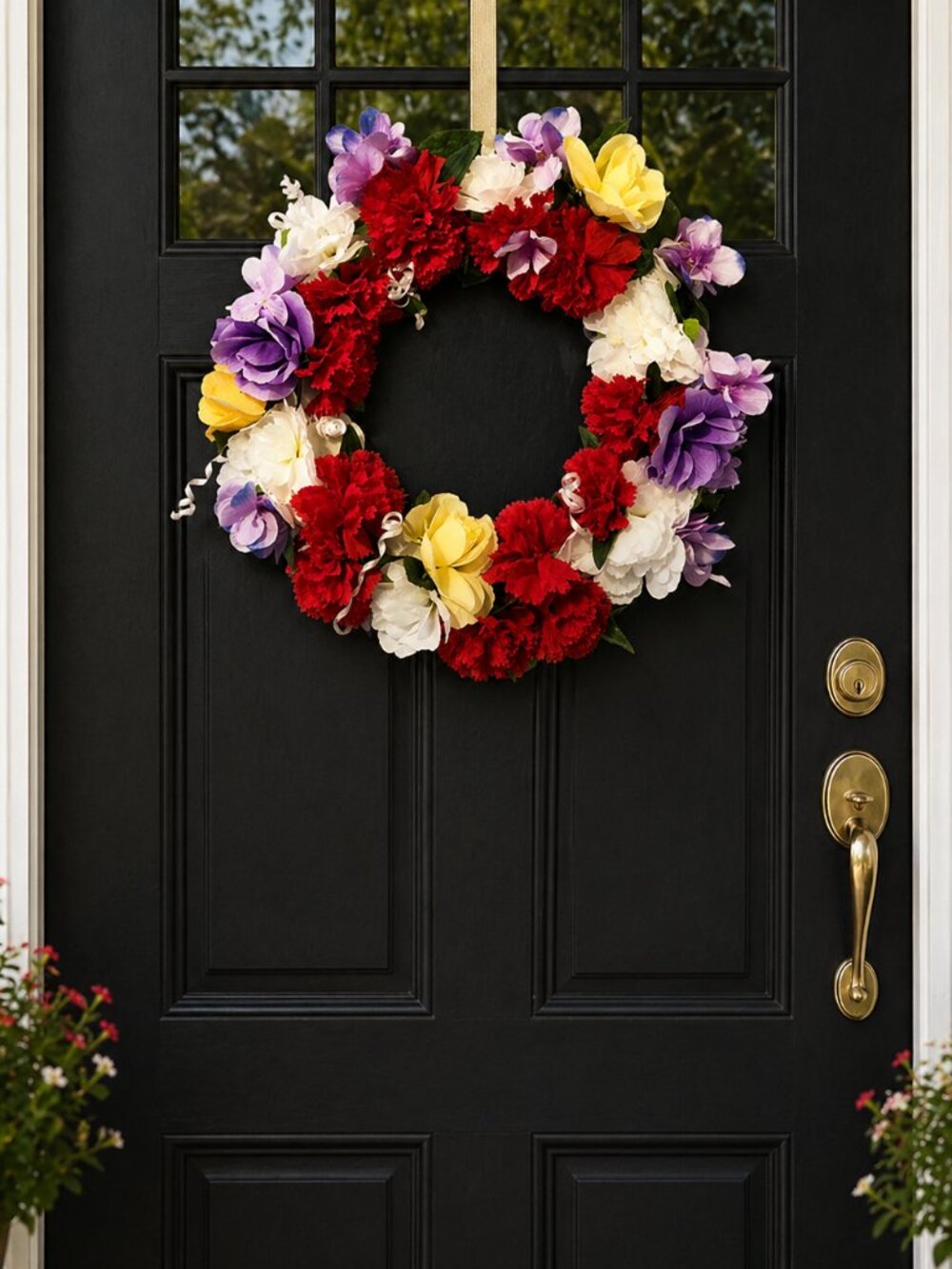 Spring Wreath for Front Door Yellow, Purple Roses, Red Carnation Handmade 16x16”